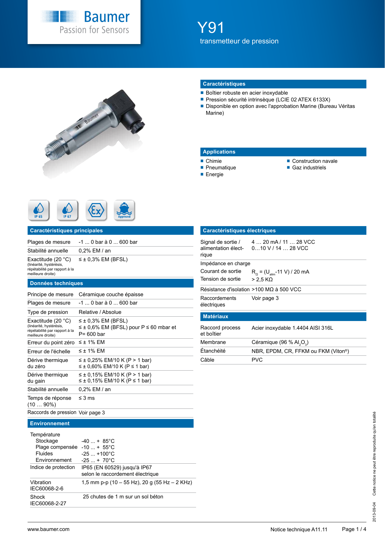 Baumer Y91 Pressure measurement Fiche technique Manualzz