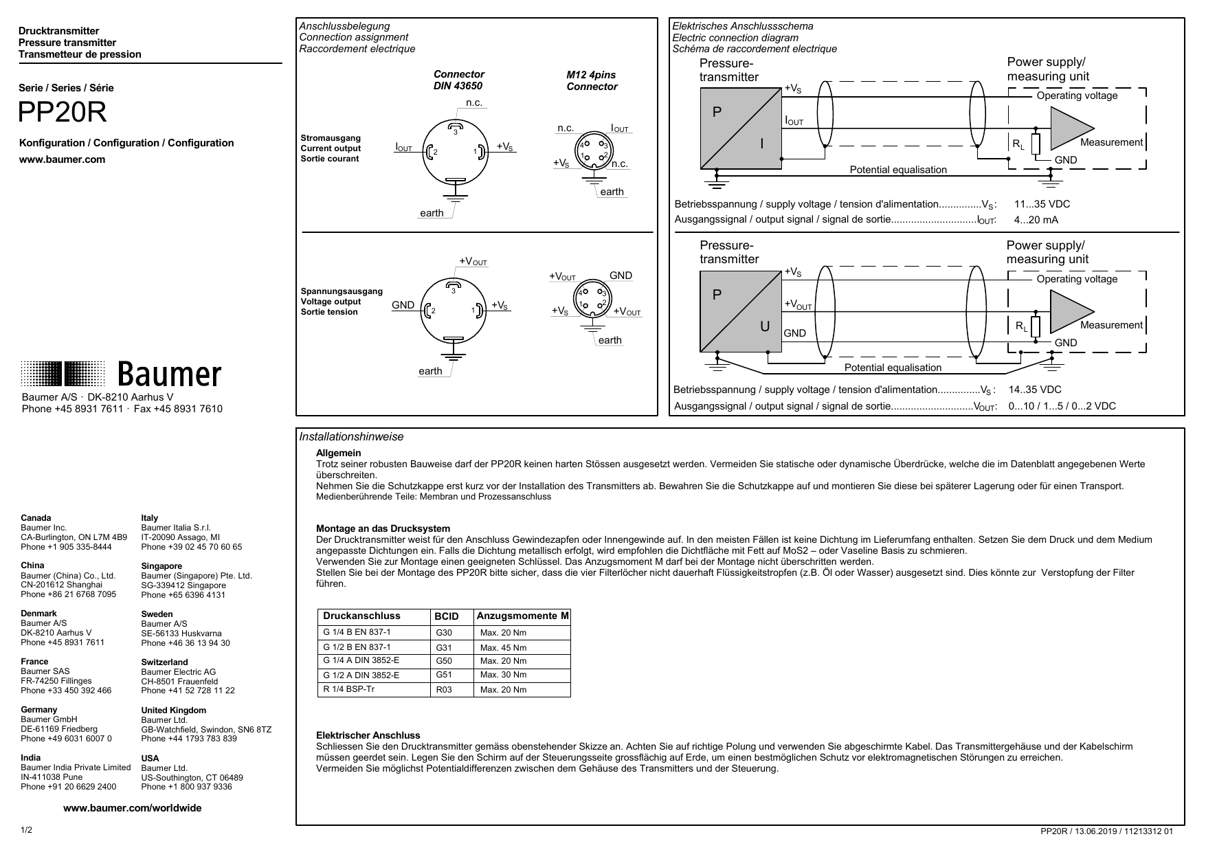 Baumer PP20R Pressure measurement Installation and Operating