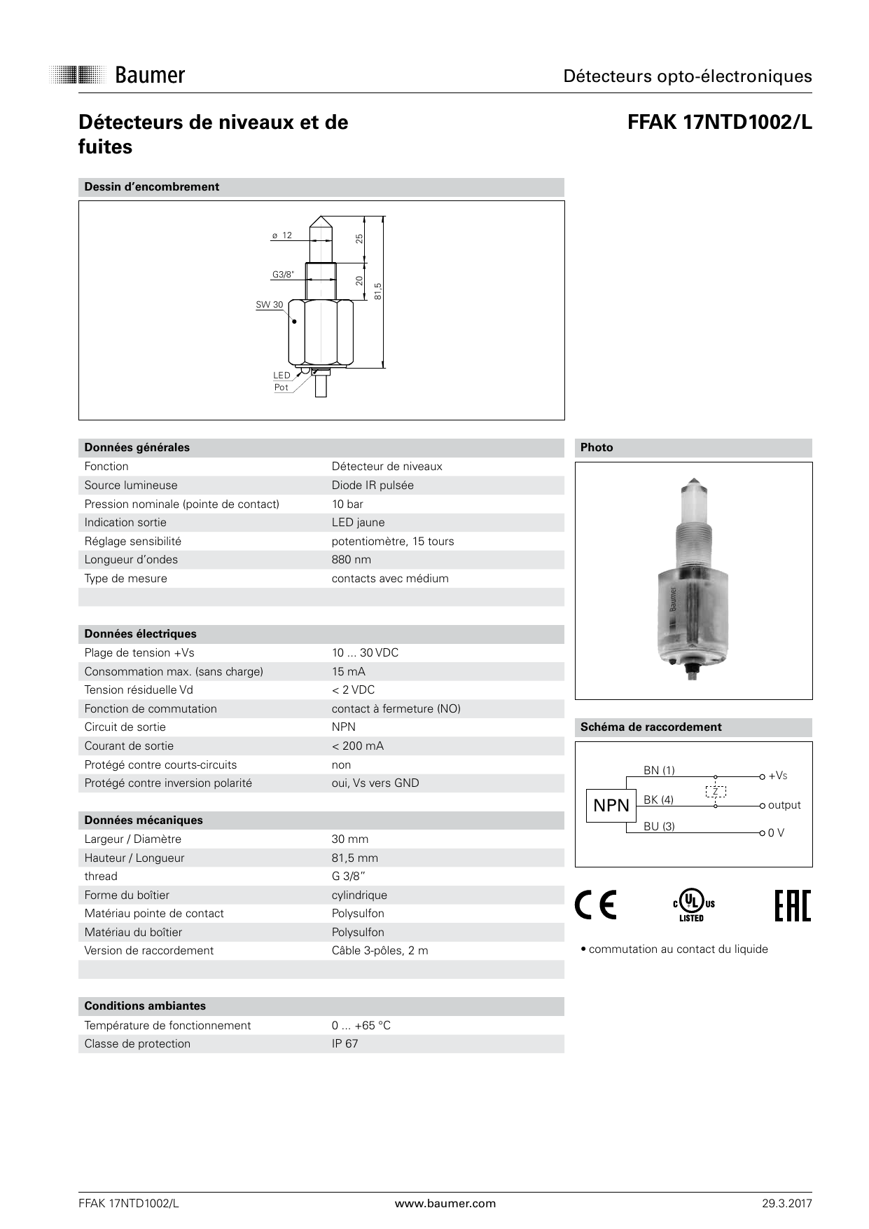 Baumer FFAK 17NTD1002 L Liquid level and leakage sensor 