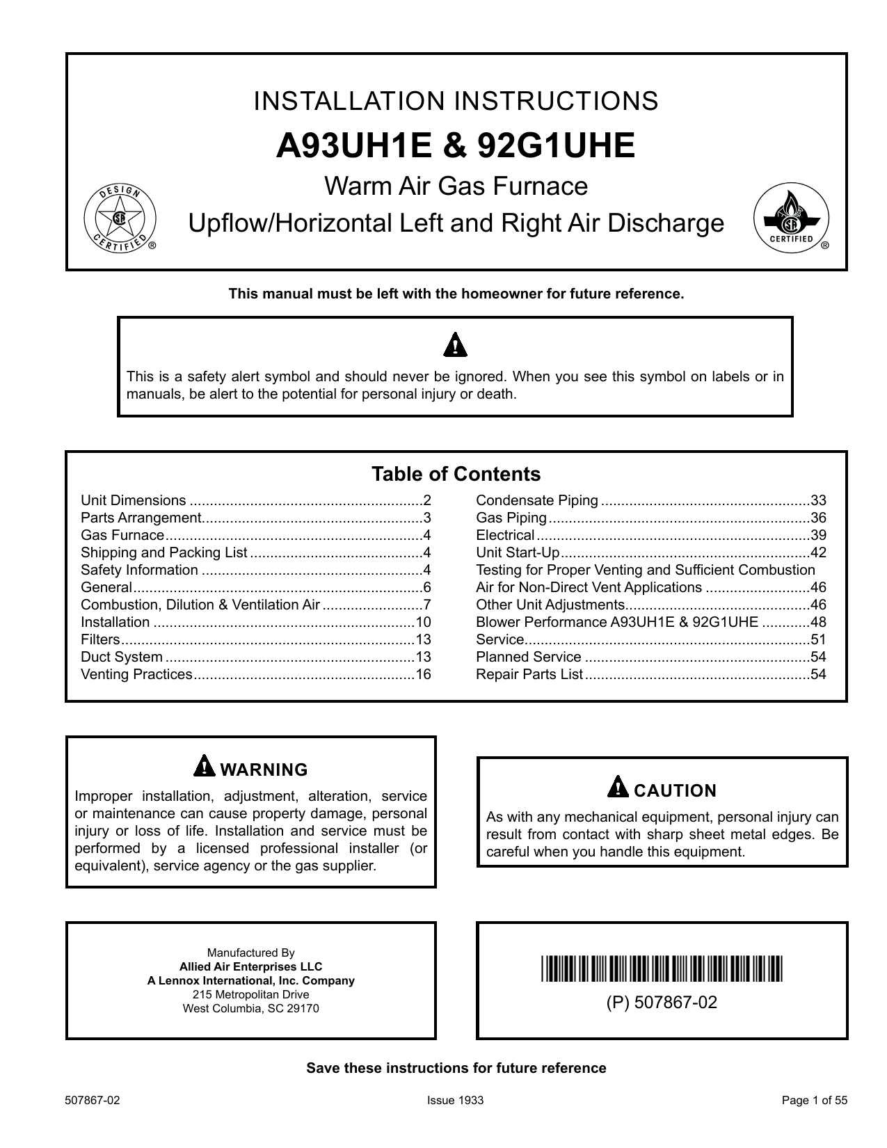 Ducane 92G1E Gas Furnace Upflow Installation Manual Manualzz