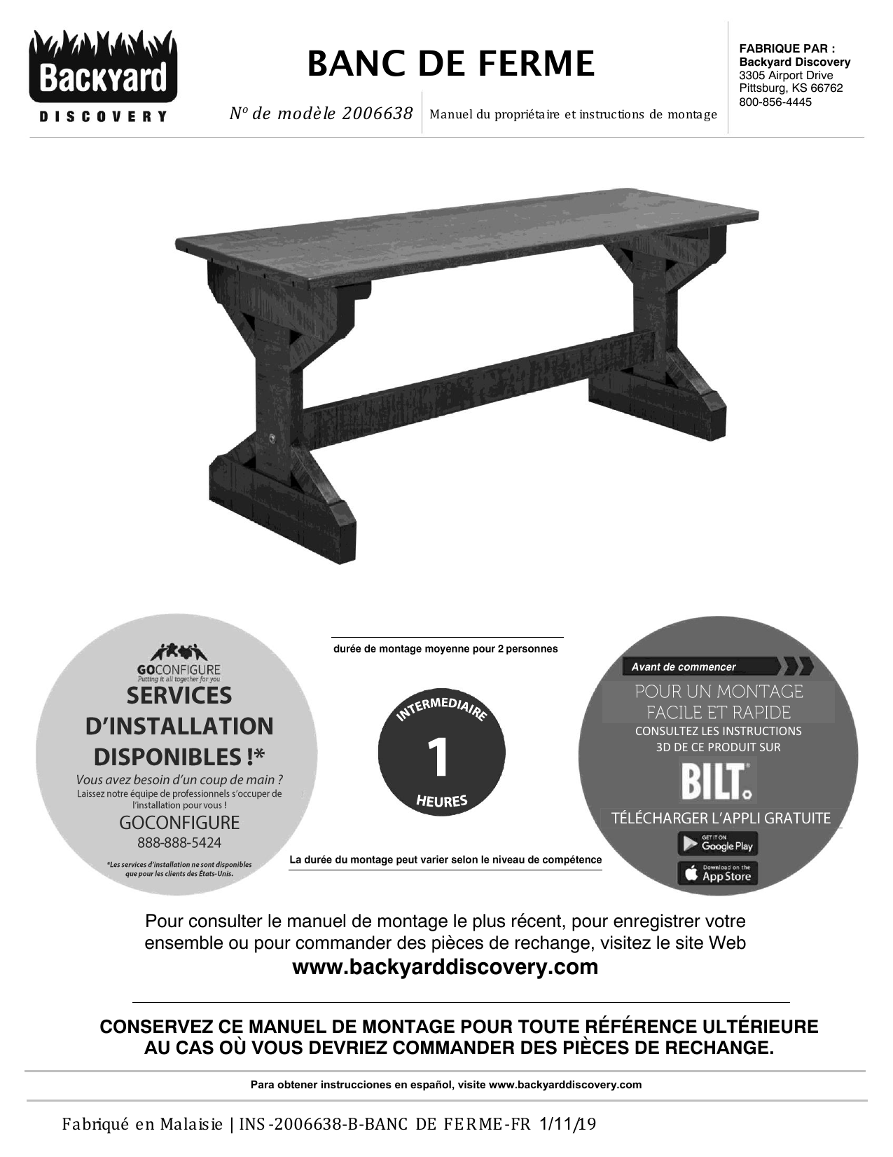backyard discovery farmhouse bench manuel utilisateur