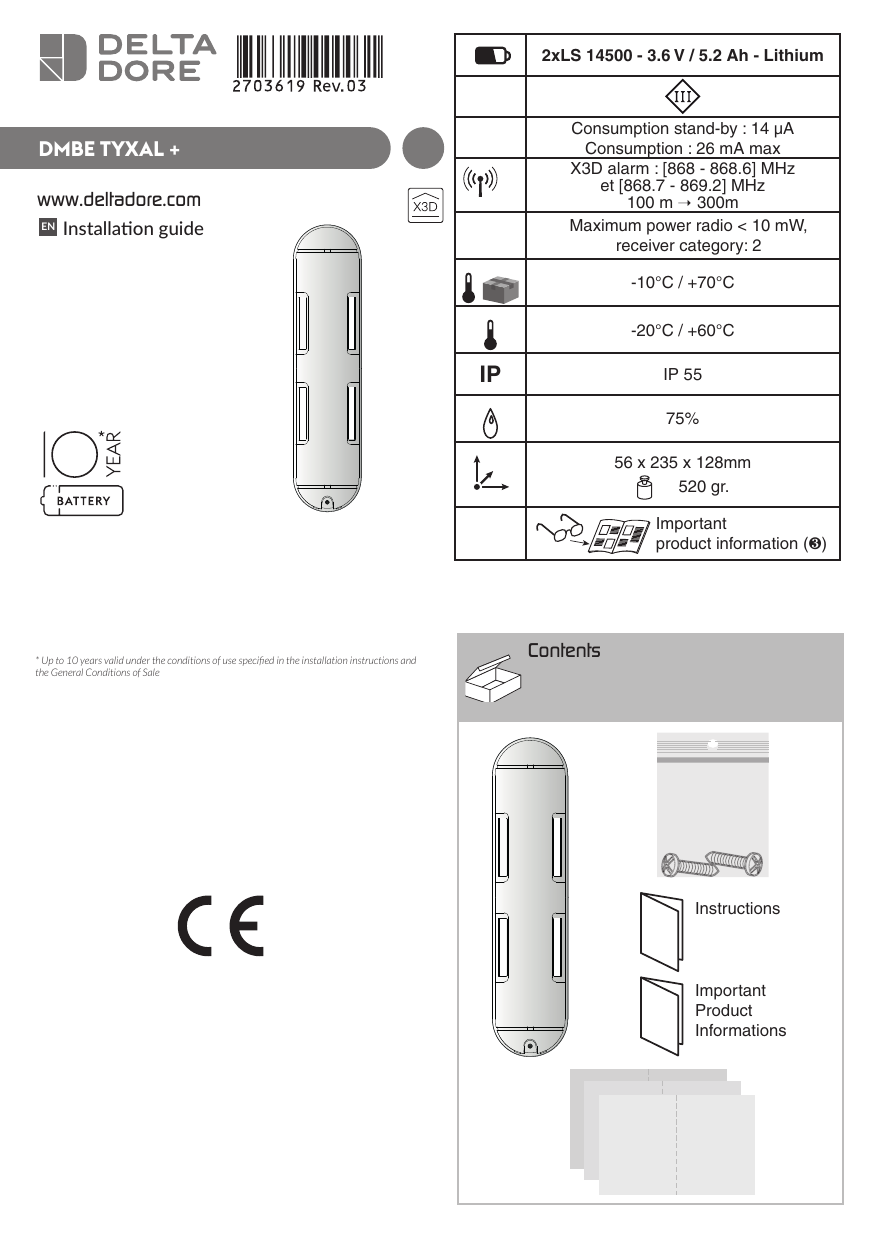 Delta Dore Tyxal Dmbe Wireless Outdoor Barrier Motion Detector Installation Instructions Manualzz
