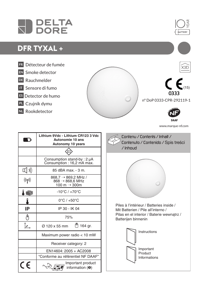 Détecteur de fumée DFR Tyxal+ - Delta Dore