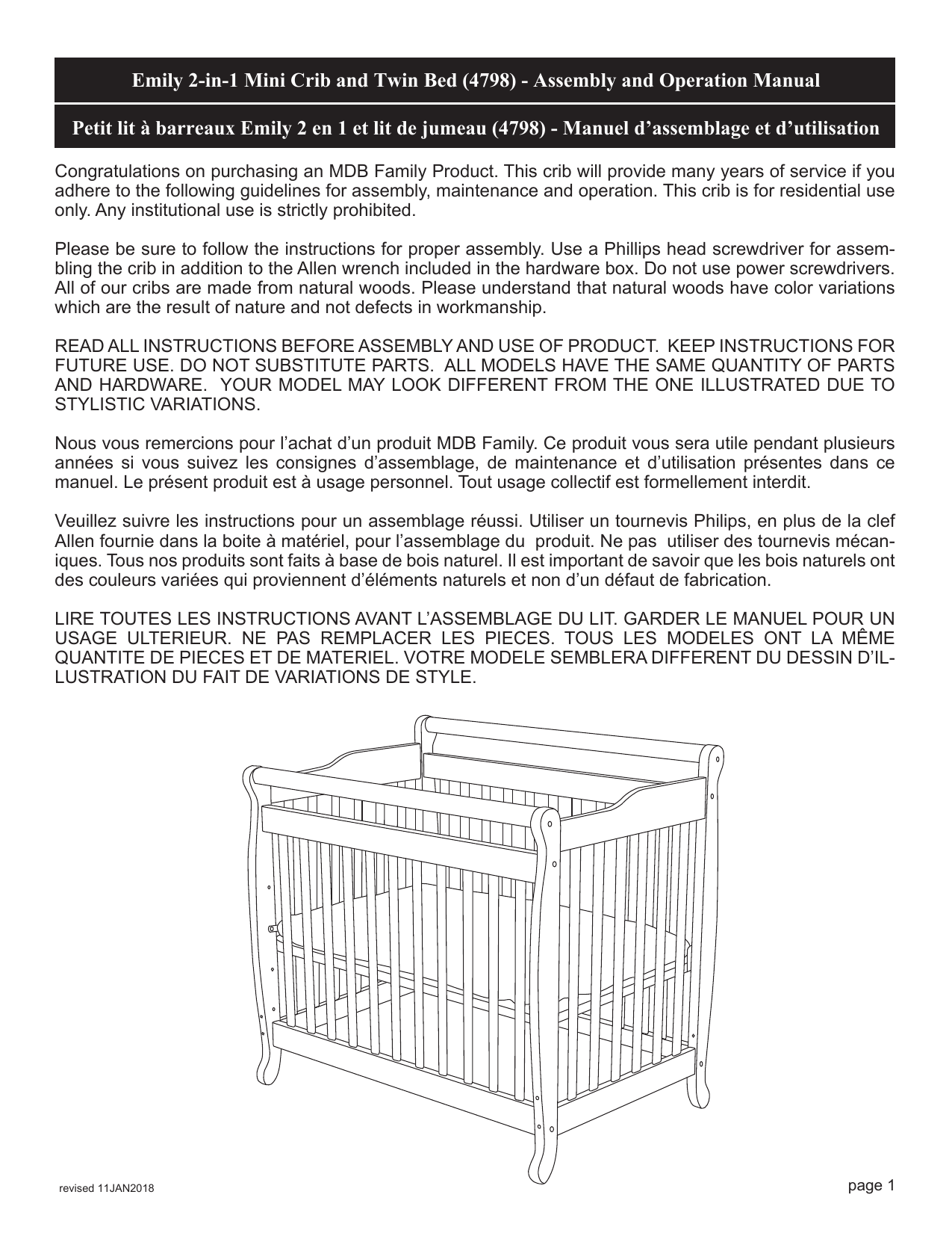 DaVinci Baby M4798 Emily 2in1 Mini Crib and Twin Bed Instruction