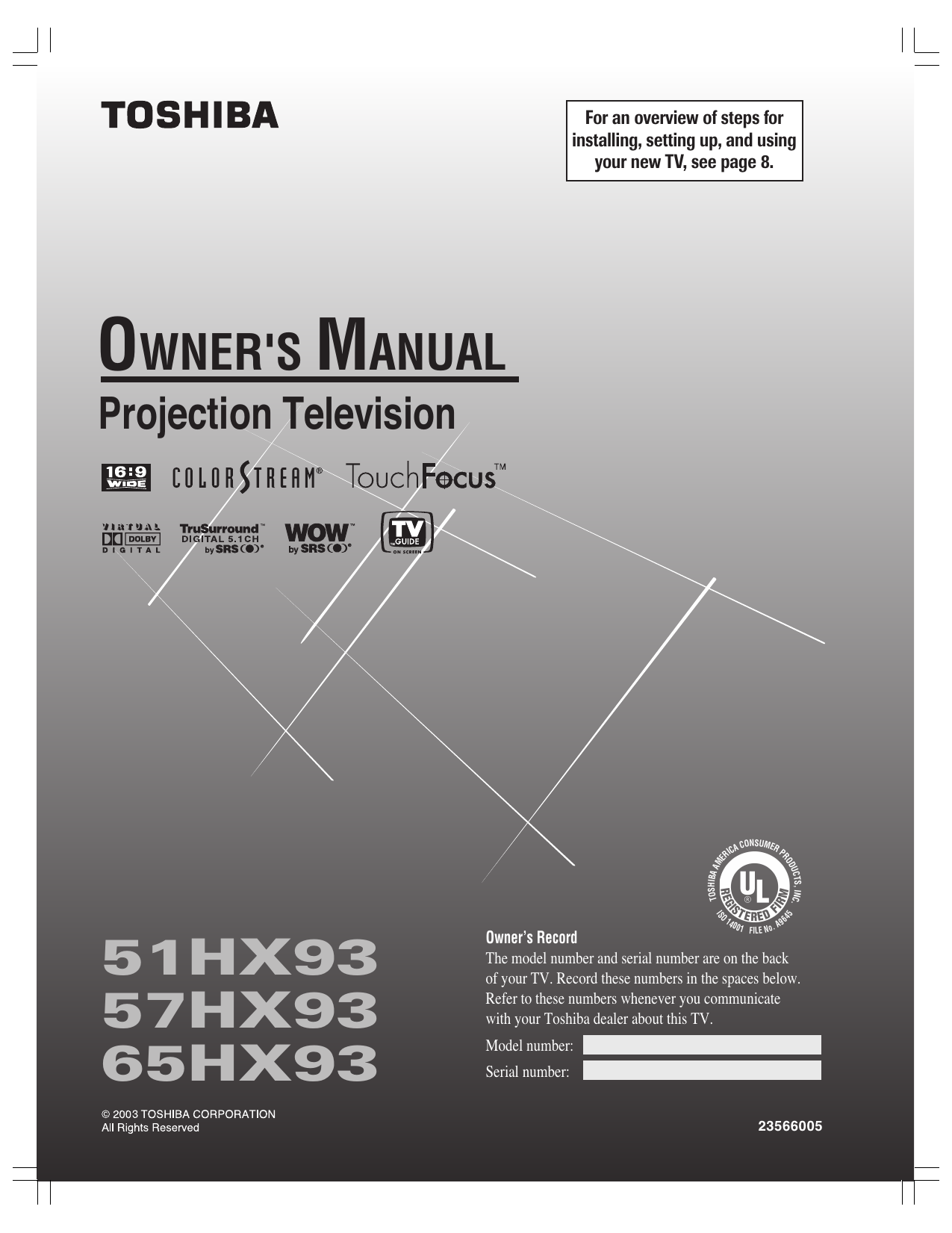 Toshiba 51HX93, 57HX93, 65HX93 Owner's Manual | Manualzz