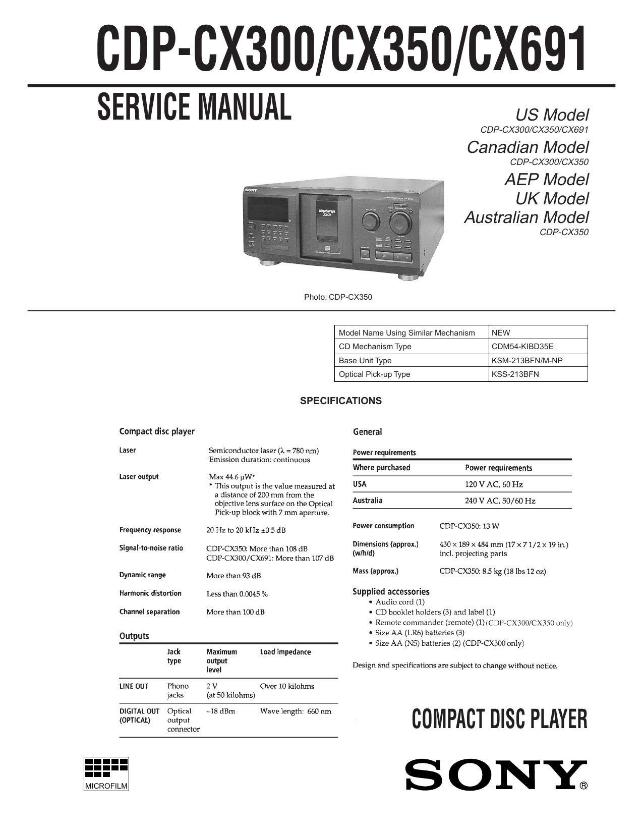 SONY CDP-CX350 300 CD Changer 2 Belt Set CD Changer Loading & Door New Parts 