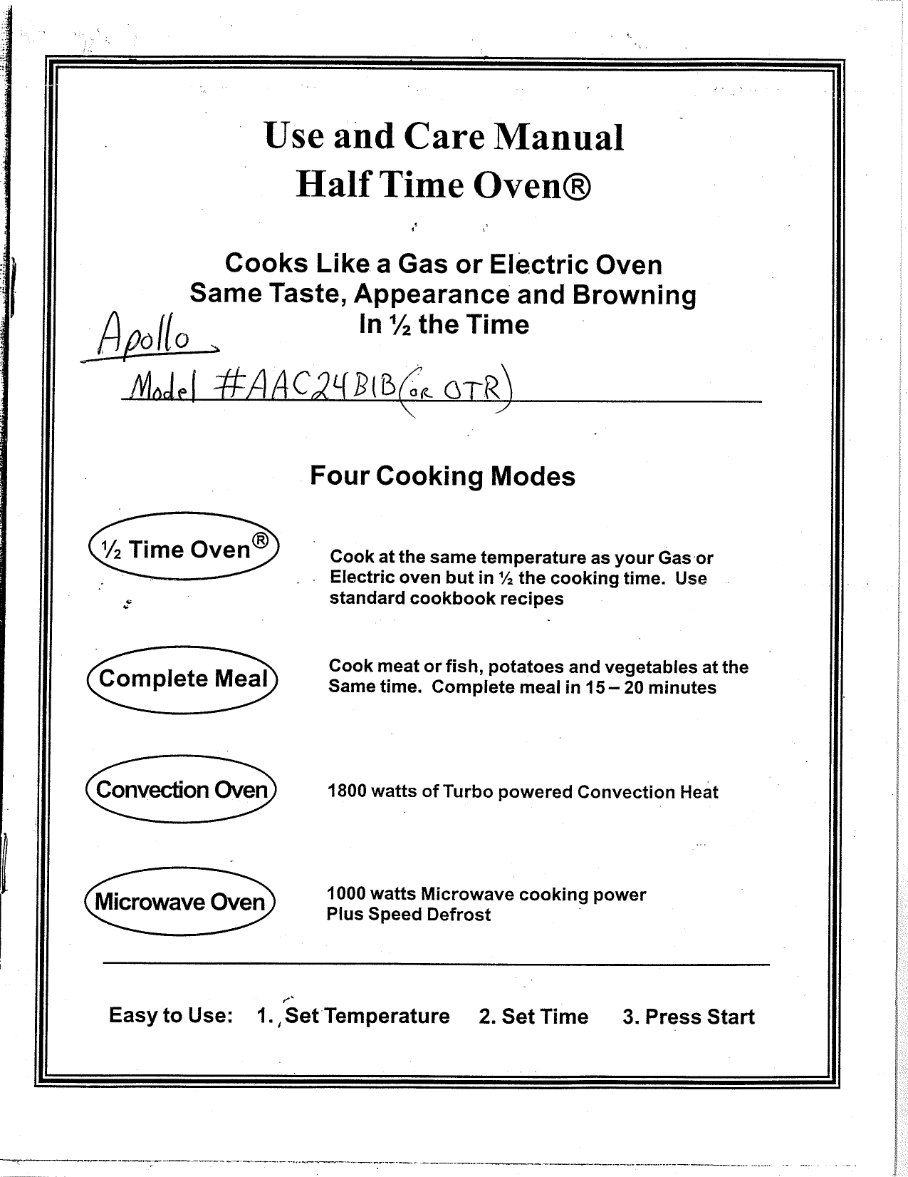 Apollo aac24bib User guide | Manualzz 1 2 Time Oven By Apollo Manual