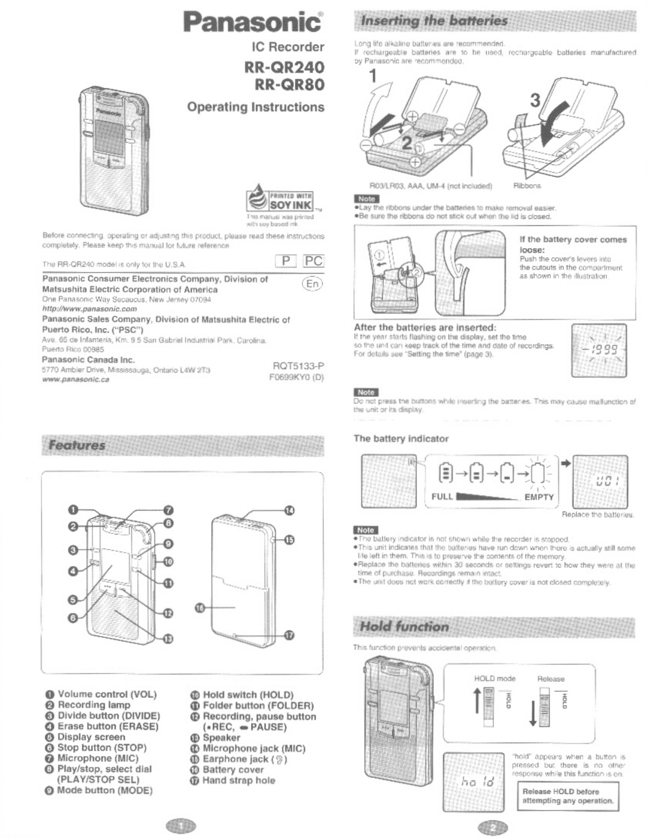 Panasonic Rrqr80 Ic Recorder Rrqr240 Ic Recorder User Manual Manualzz