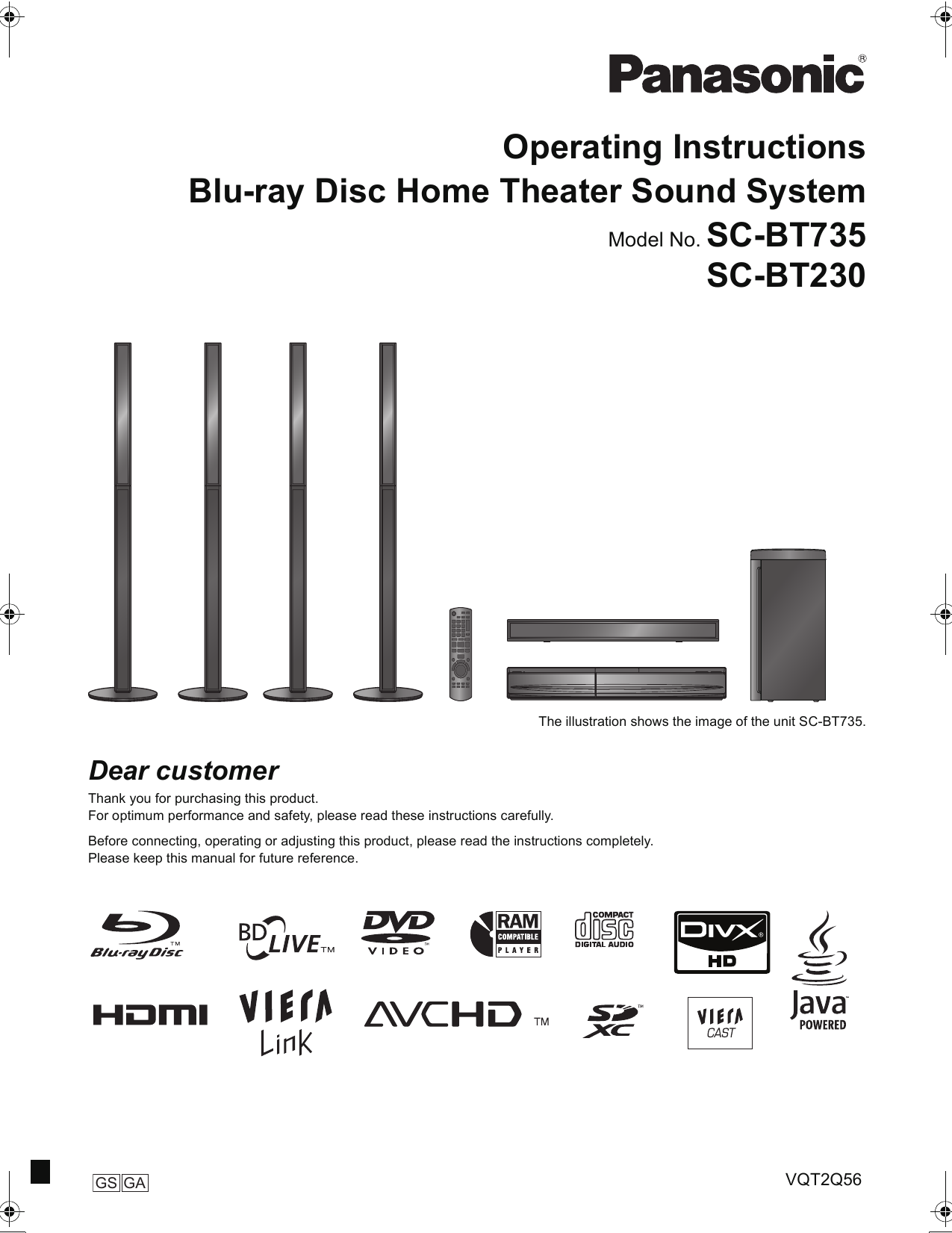 Panasonic SABT230 - BLU RAY HOME THEATER SYSTEM, SB-HC230, SB-HC730, SB-HF230, SB-HF730, SB-HS230, SB-HW330, SB-HW480, SC-BT735, SCBT230