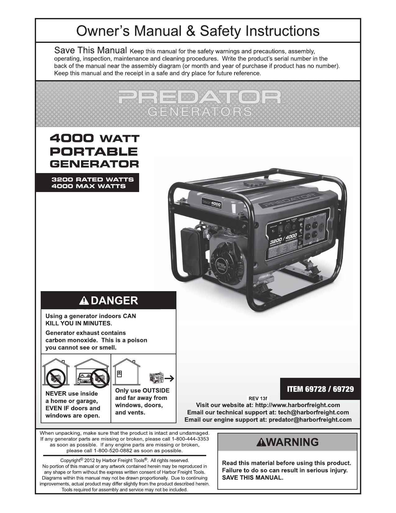 Predator Predator Generators 4000 Watt Portable Generator, 69728, 69