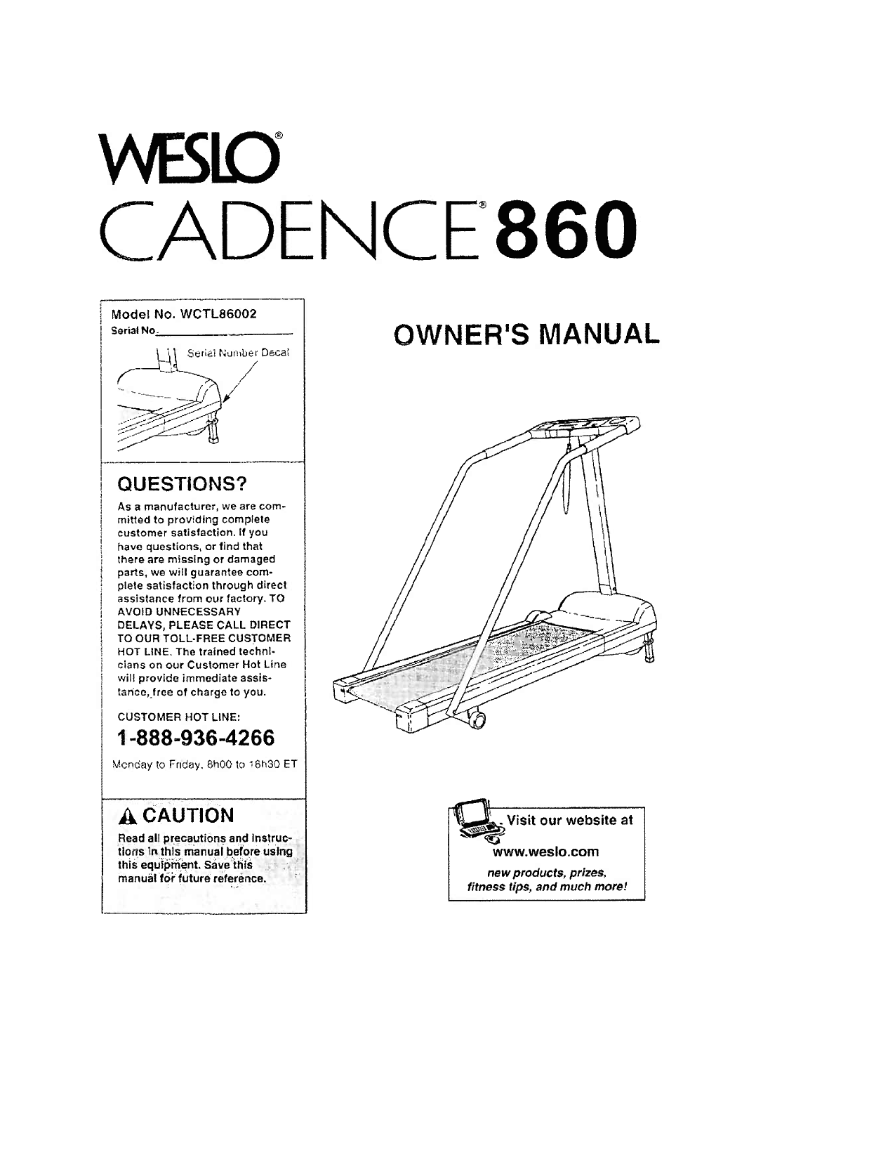 Weslo Cadence 860 Cadence 860 Treadmill WCTL86002 Manual Manualzz