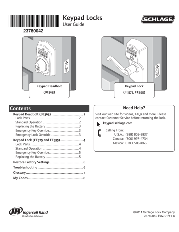 SCHLAGE BE365 PLY 619 Keypad Deadbolt Instruction Manual