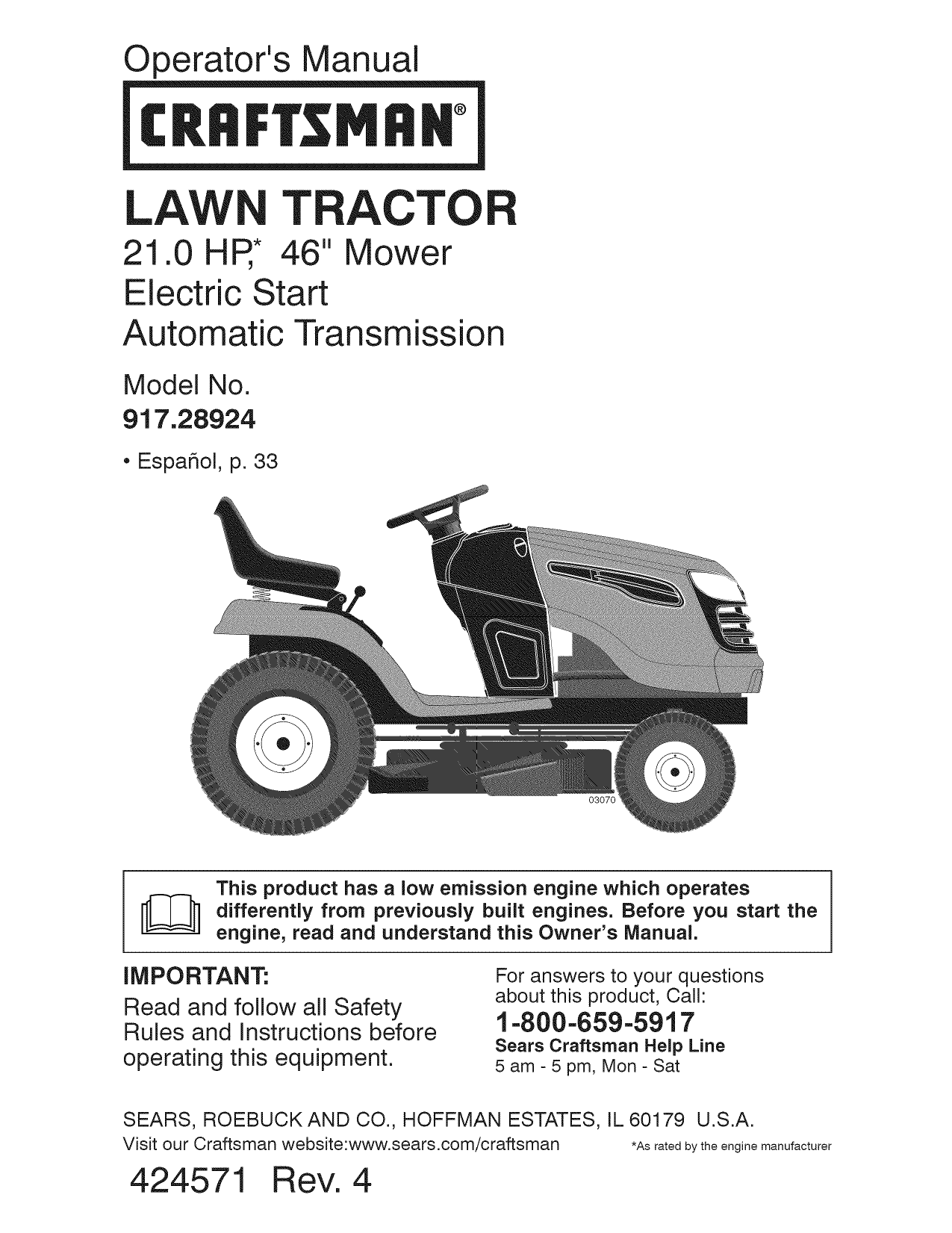 Craftsman 28924 YT 3000 21 HP/46" Yard Tractor Operating instructions