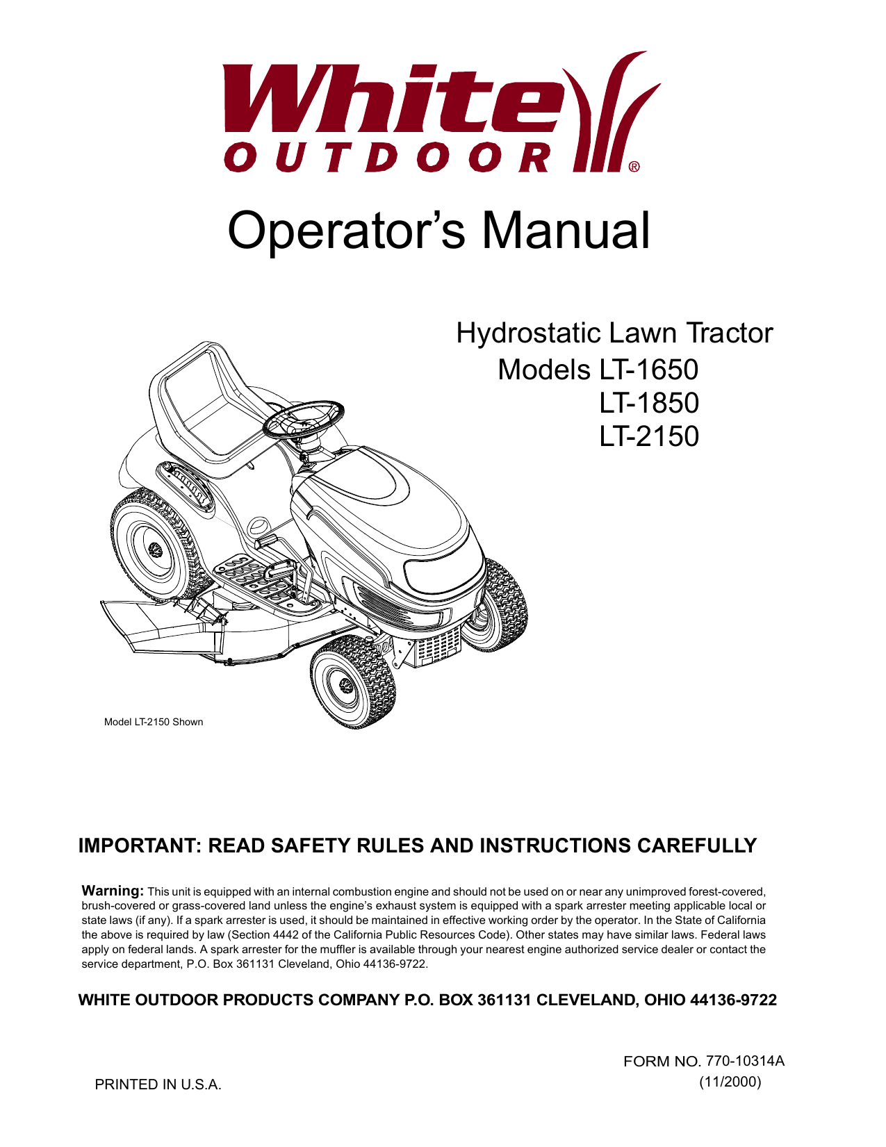 White Outdoor LT-1650, LT-1850, LT-2150 Operator's Manual | Manualzz