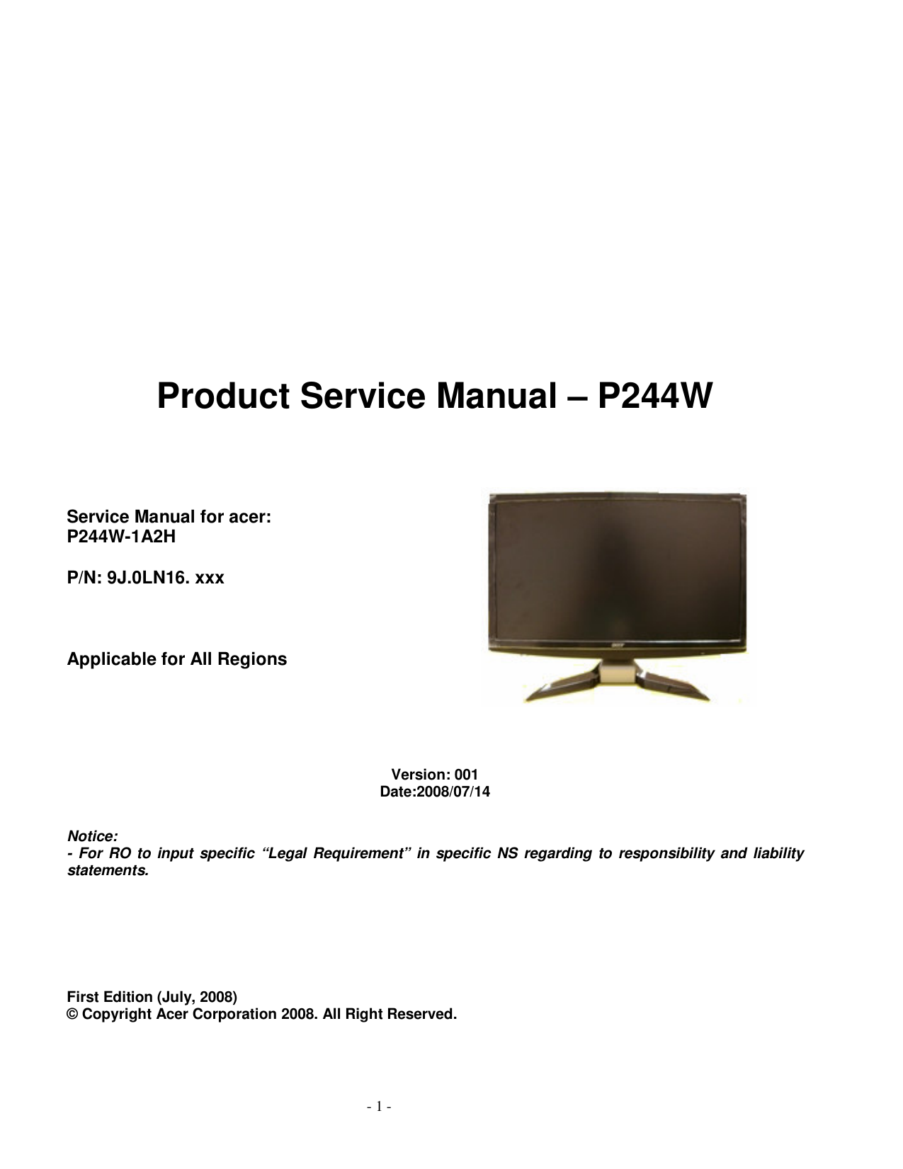 Acer P244W User manual | Manualzz