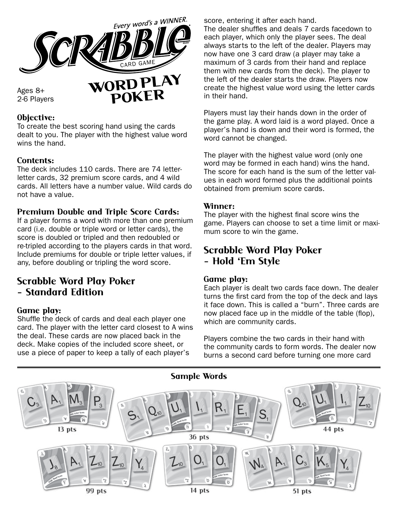 Fundex Games Scrabble Word Play Poker User Instructions Manualzz