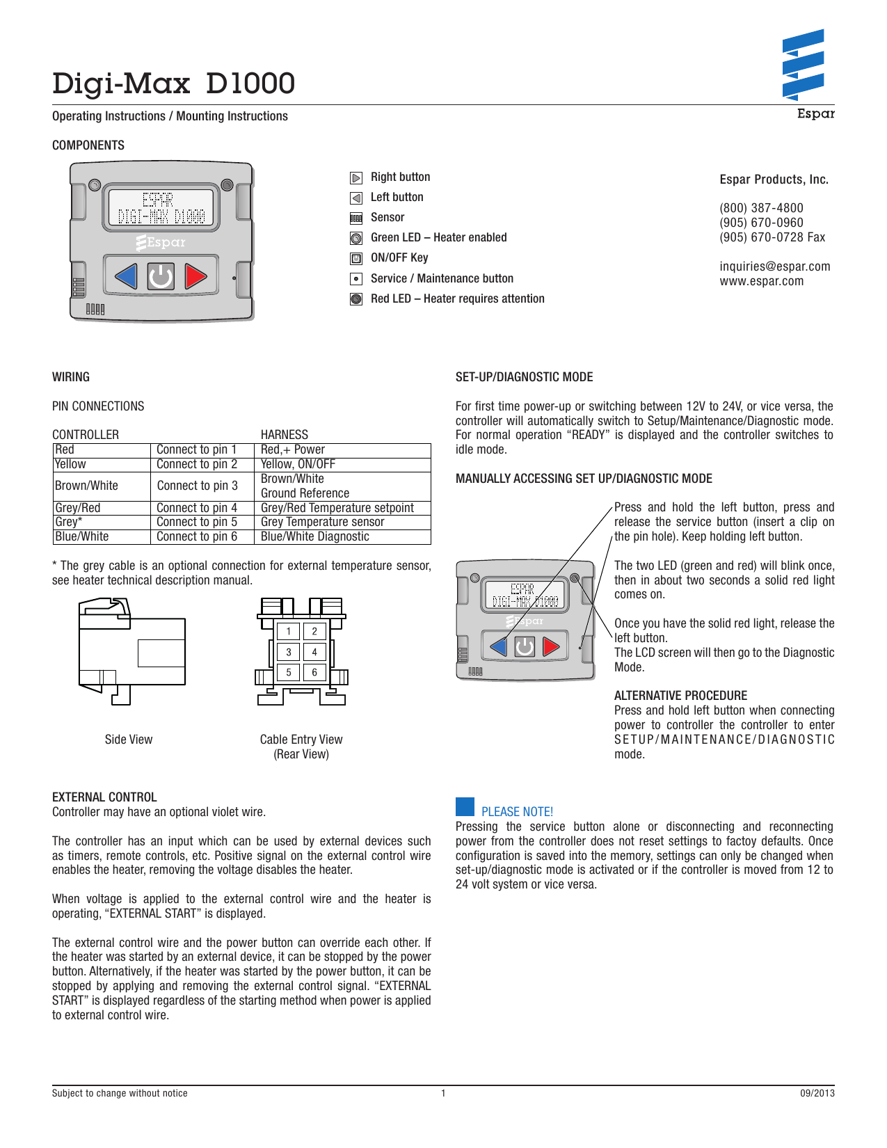 Espar DigiMax D1000 Operating Instructions / Mounting Instructions