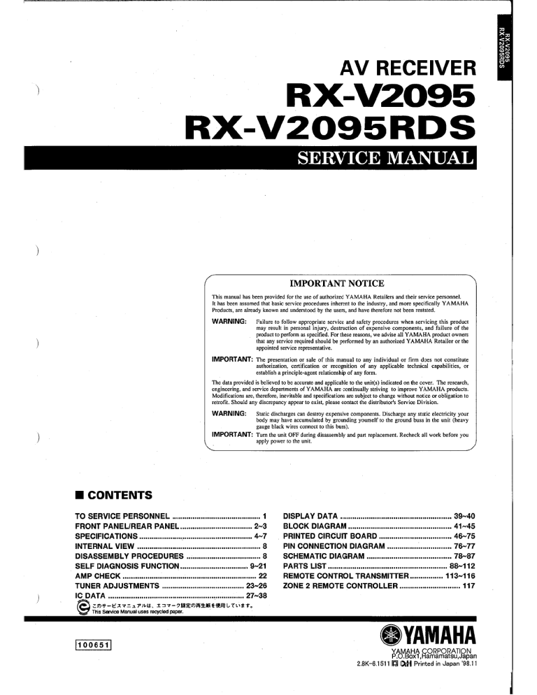 Yamaha Rx V95 Rx V95rds User Manual Manualzz