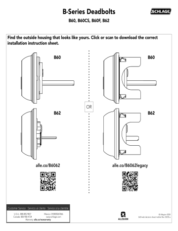 Single Cylinder Deadbolt B60/B60CS/B60F/B62 Installation Manual