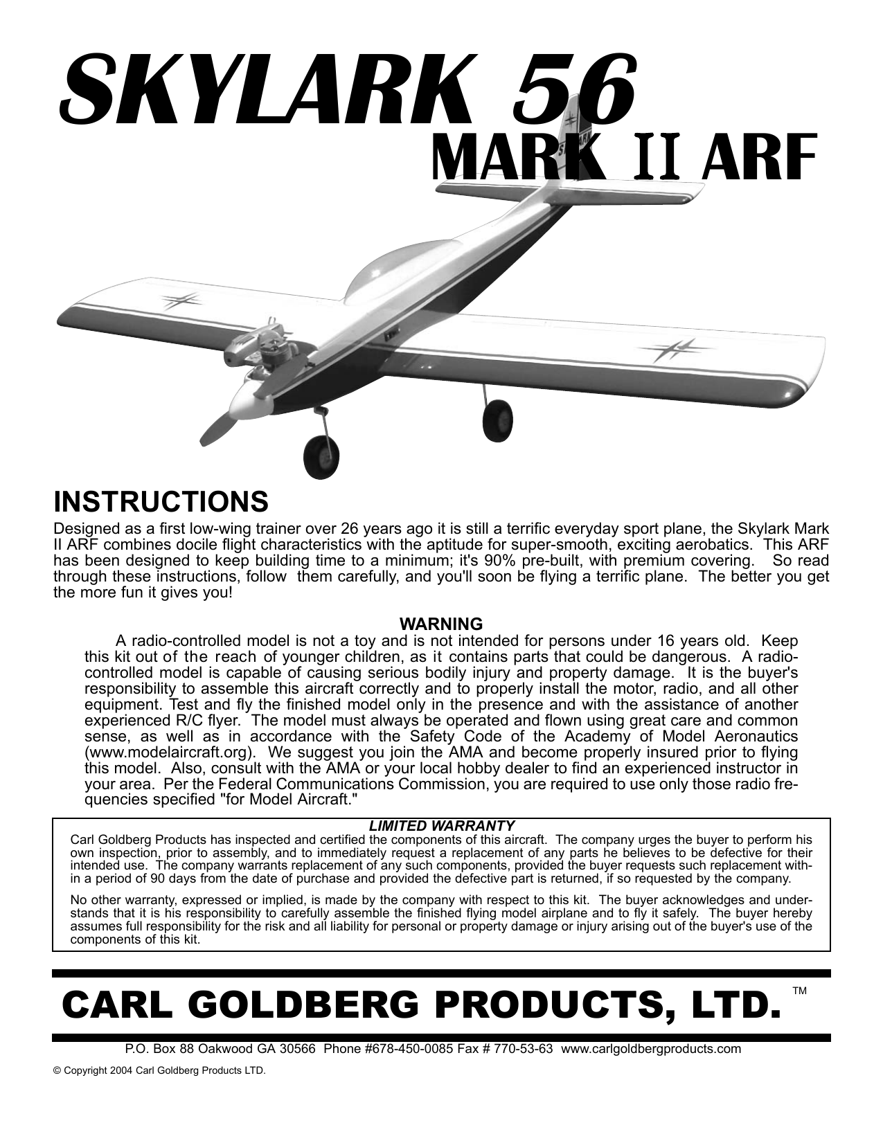 Carl Goldberg GBGA1085 Skylark 56 Mark II ARF Owner Manual Manualzz