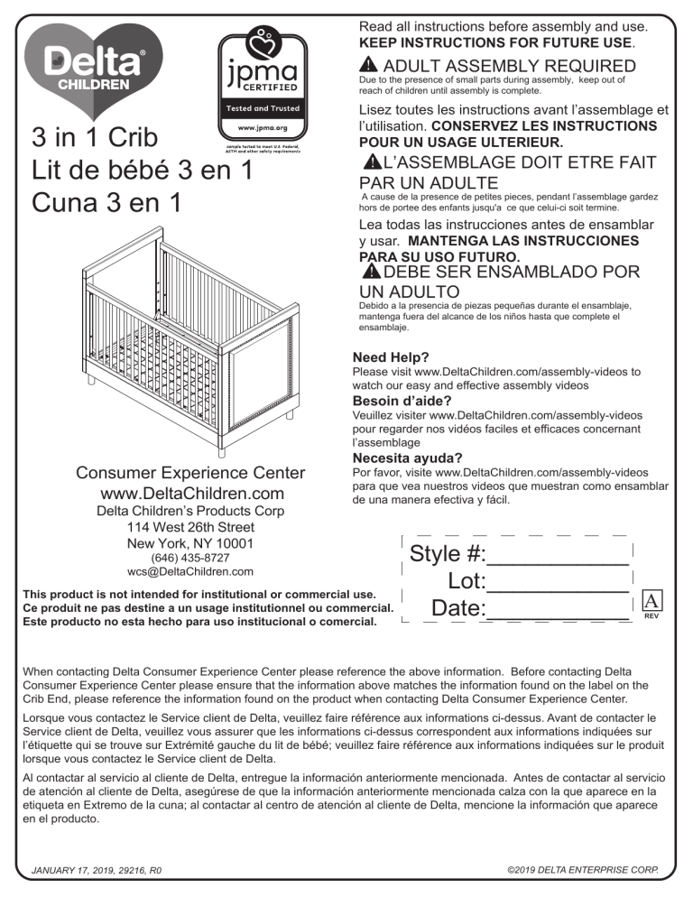 Delta Children Avery 3in1 Convertible Crib User manual Manualzz