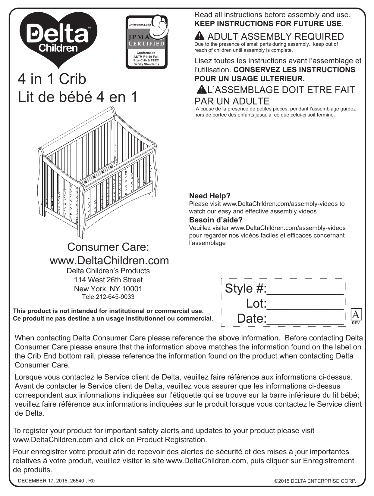 Delta Adley 3 In 1 Crib Instructions Manual