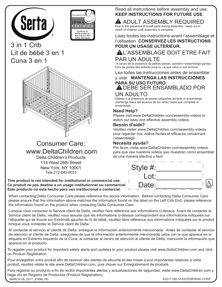 Delta Children Fremont 3in1 Convertible Crib User manual Manualzz