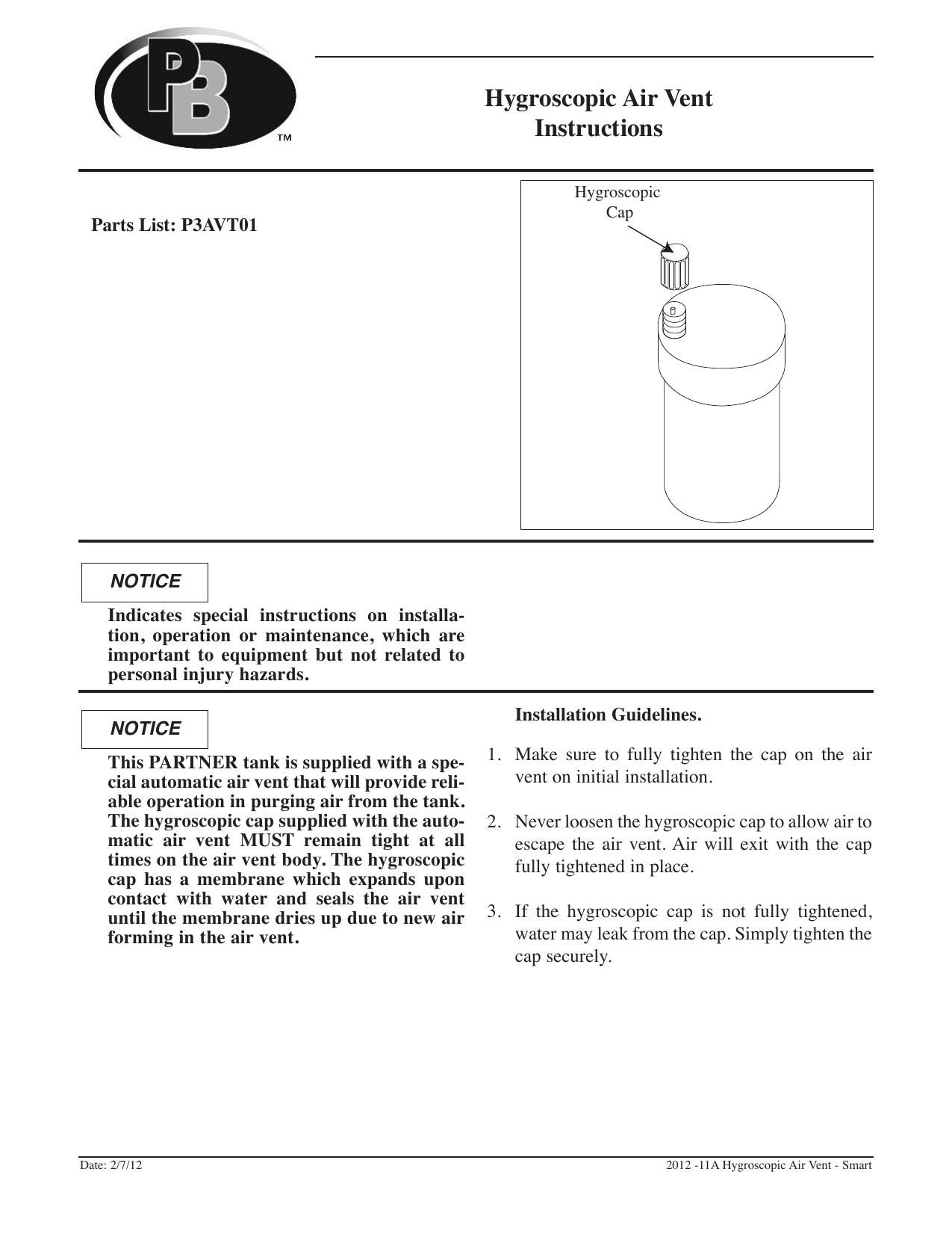 TRIANGLE TUBE Peerless Hygroscopic Air Vent Operating instructions
