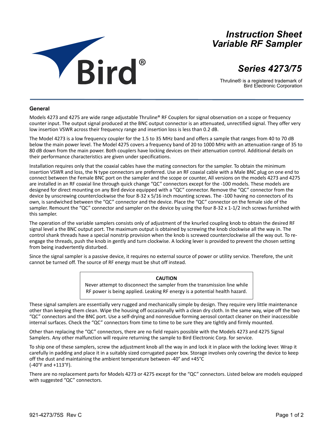 Bird 4275 Series 20-1000 MHz, THRULINE® RF Signal Sampler Owner's