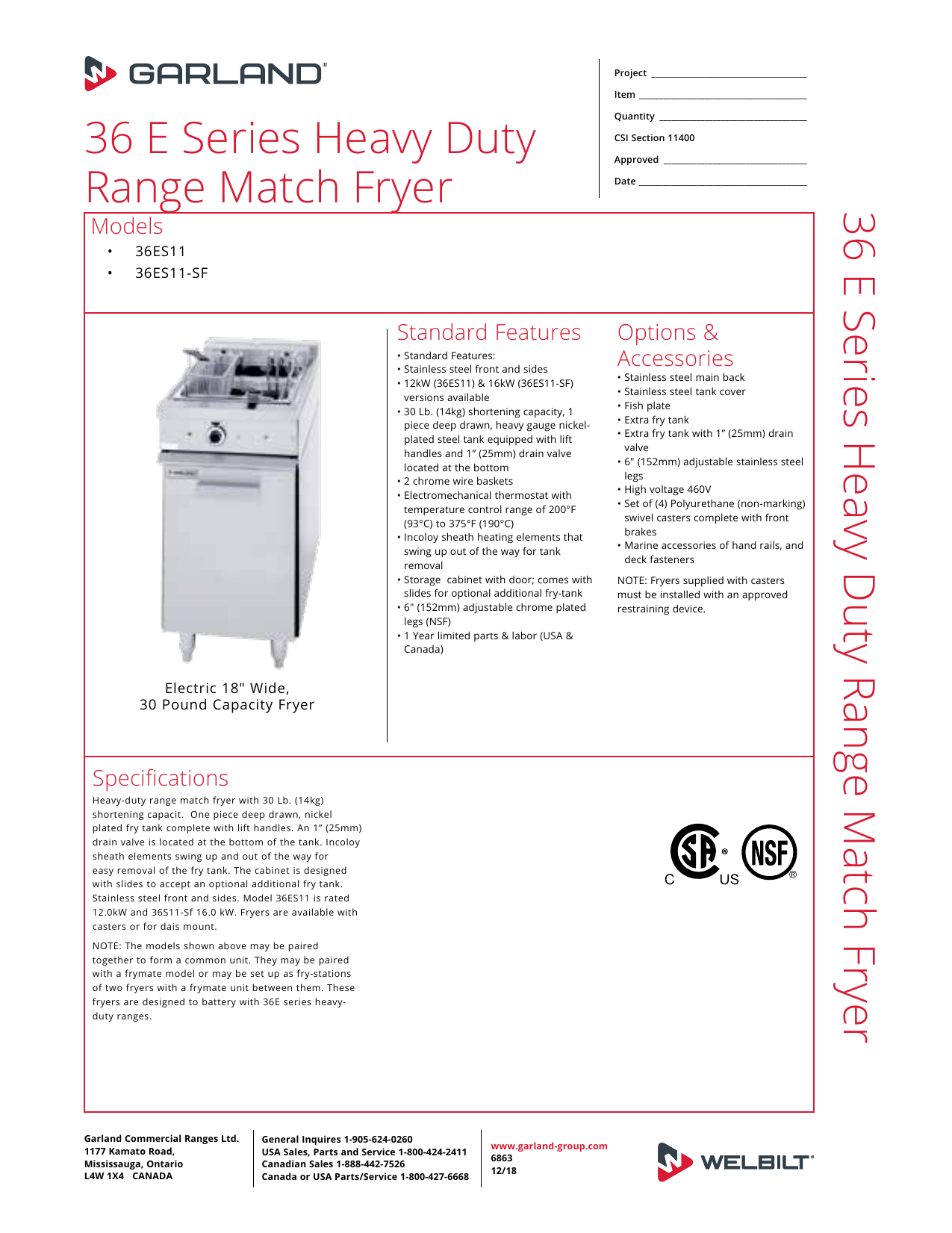 Garland 36 E Series Heavy Duty Range Match Fryer Specification Sheet