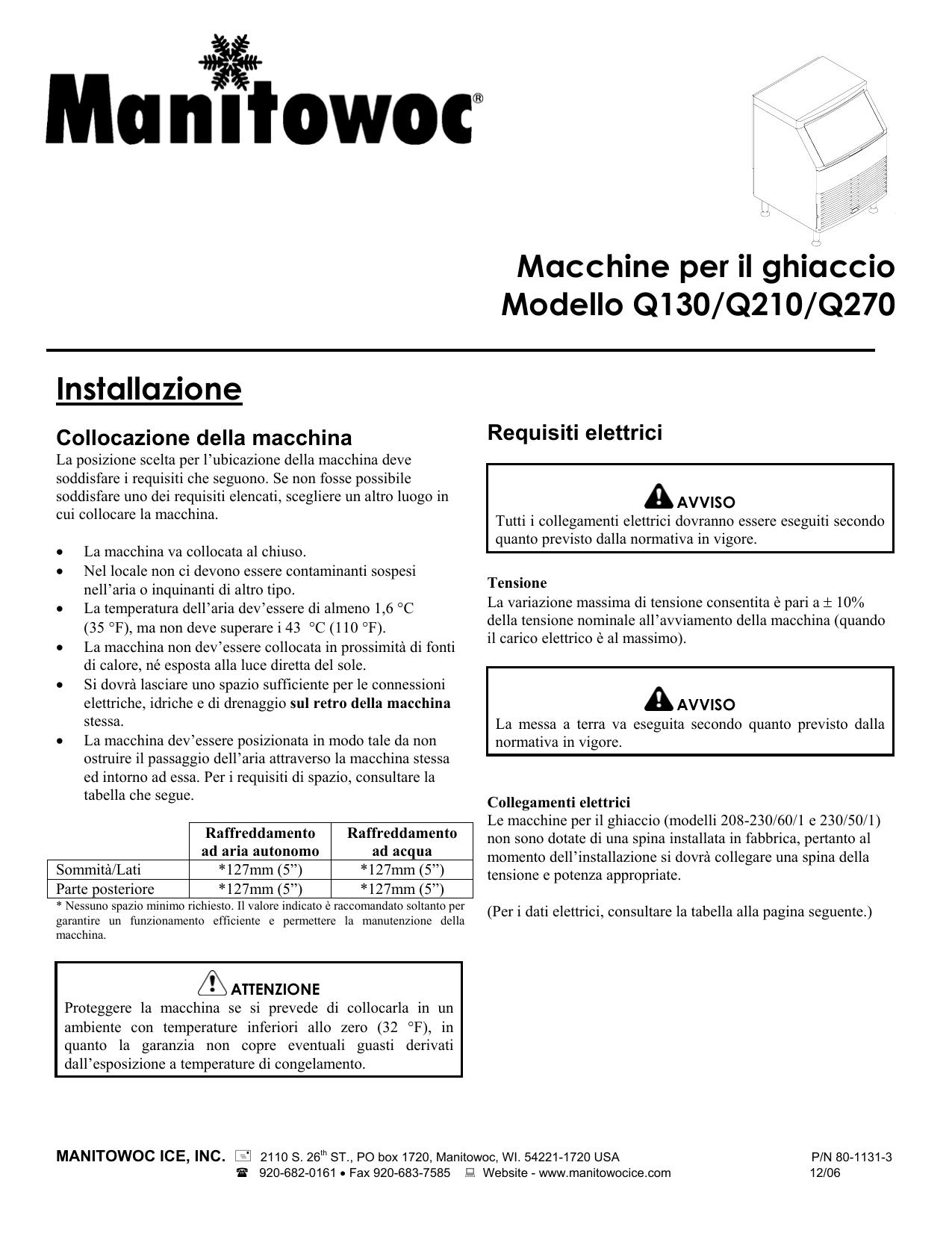 Manitowoc Ice Q Model Undercounter (Q130/Q170/Q210/Q270) Manuale utente