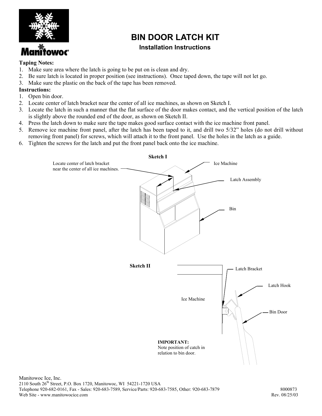 Manitowoc Ice Bin Door Latch Kit 8000873 User manual Manualzz