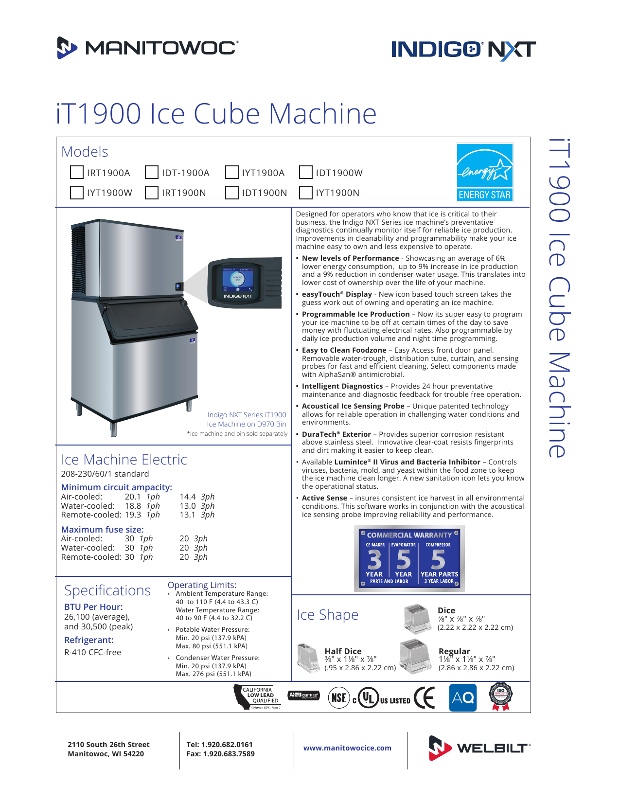 Manitowoc Ice INDIGO NXT iT1900 Ice Cube Machine Specification Sheet
