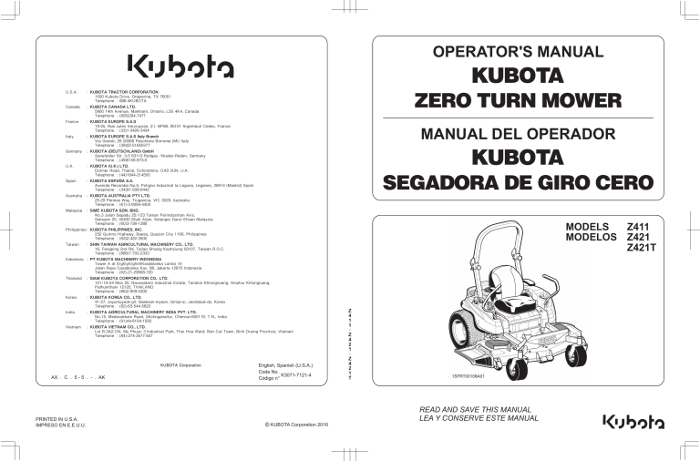 Kubota Z421, Z411, Z421T User manual | Manualzz