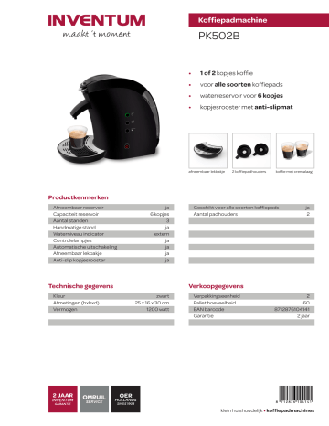 Inventum PK502B Koffiepadmachine spetsifikatsioon | Manualzz