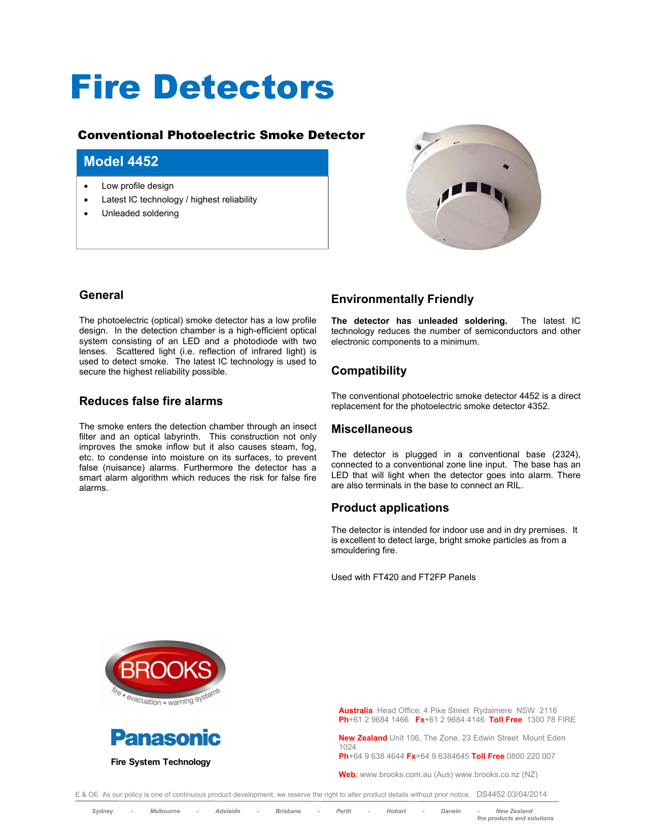 Brooks 4452 Conventional Photoelectric Smoke Detector Spec Sheet | Manualzz