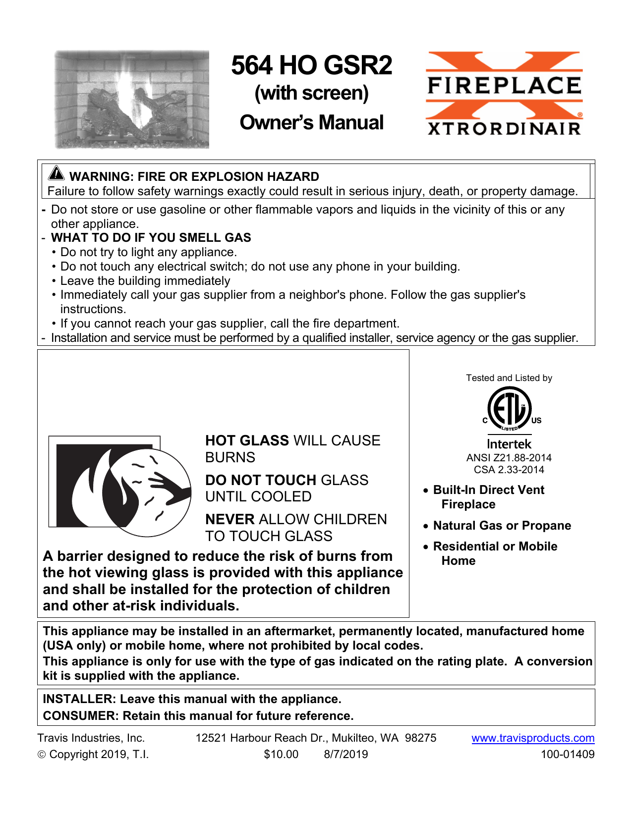 Fireplace Xtrordinair 564 HO GSR2 Scr Gas Fireplace (FPX) 2014 Owner's