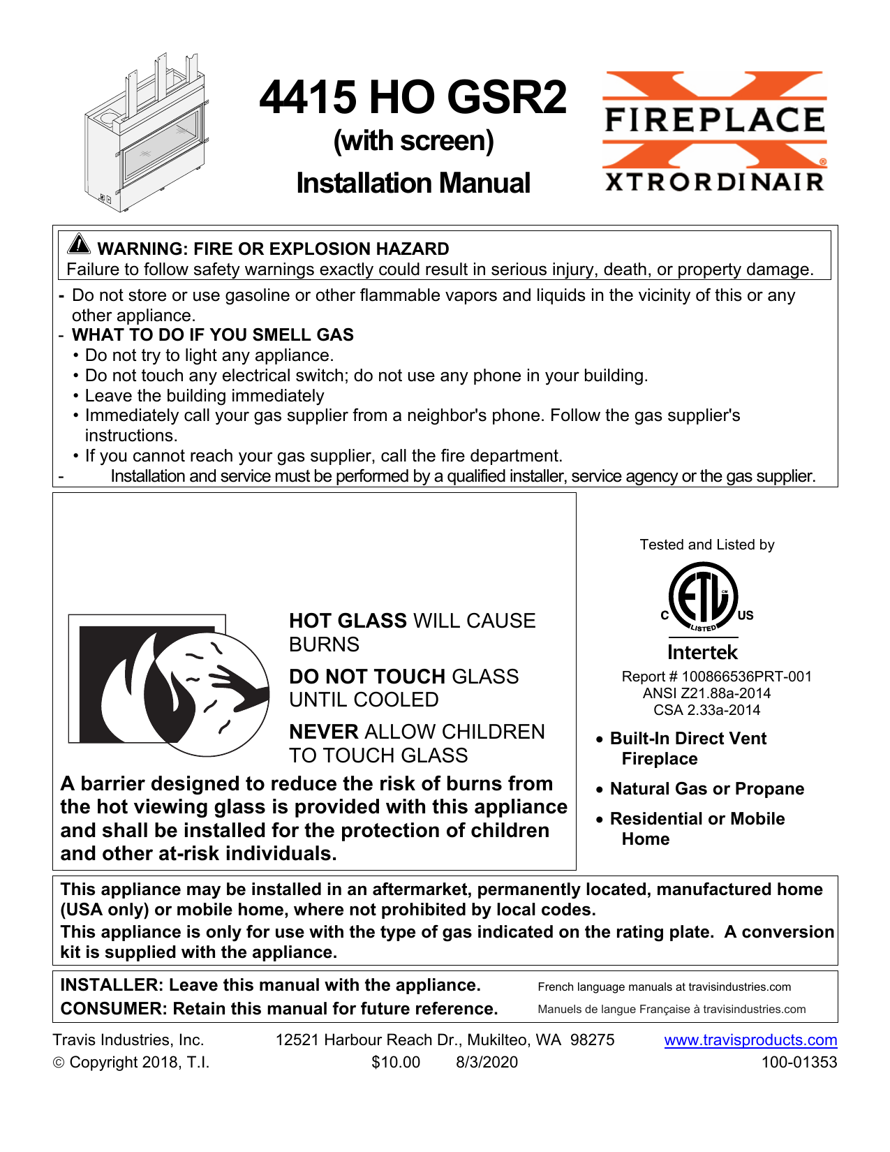 Fireplace Xtrordinair 4415 HO GSR2 Fireplace 2013 Installation Manual