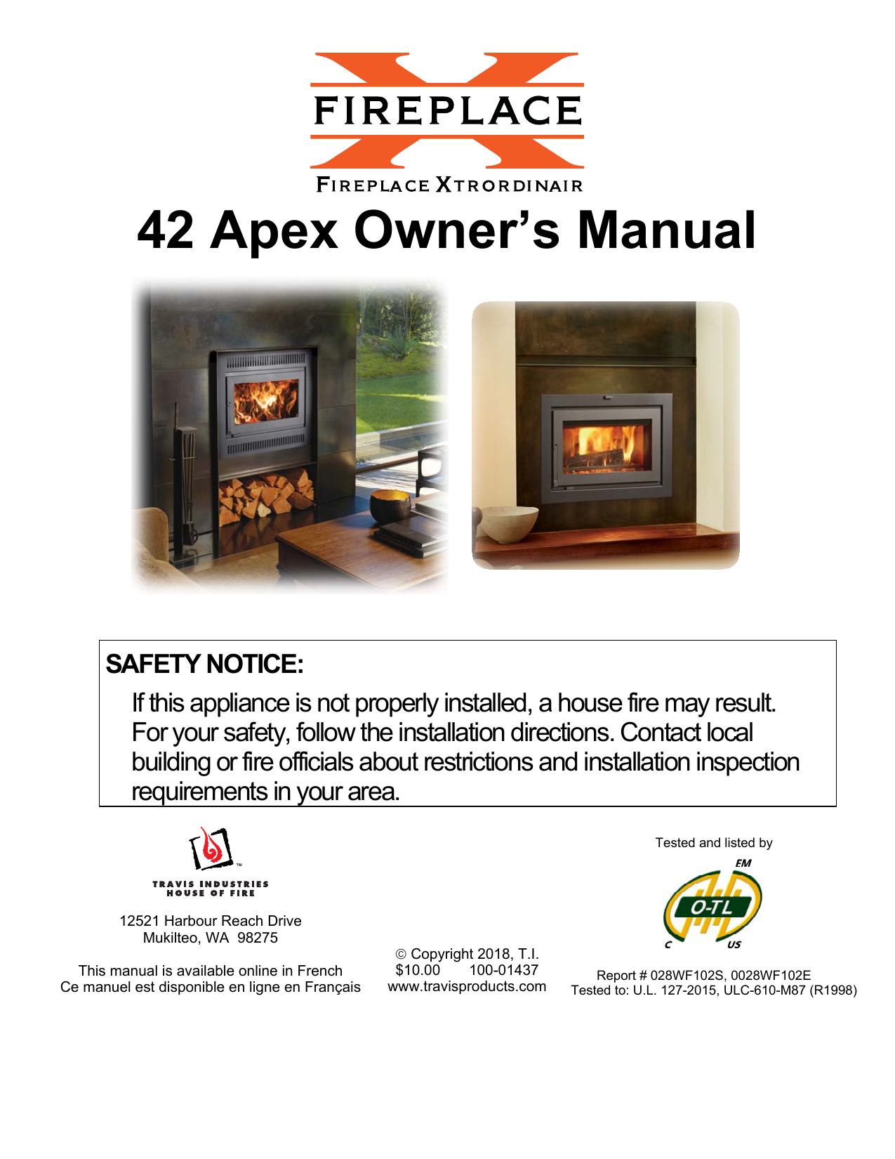 Fireplace Xtrordinair 42 Apex CleanFace Fireplace 2017 Owner's Manual