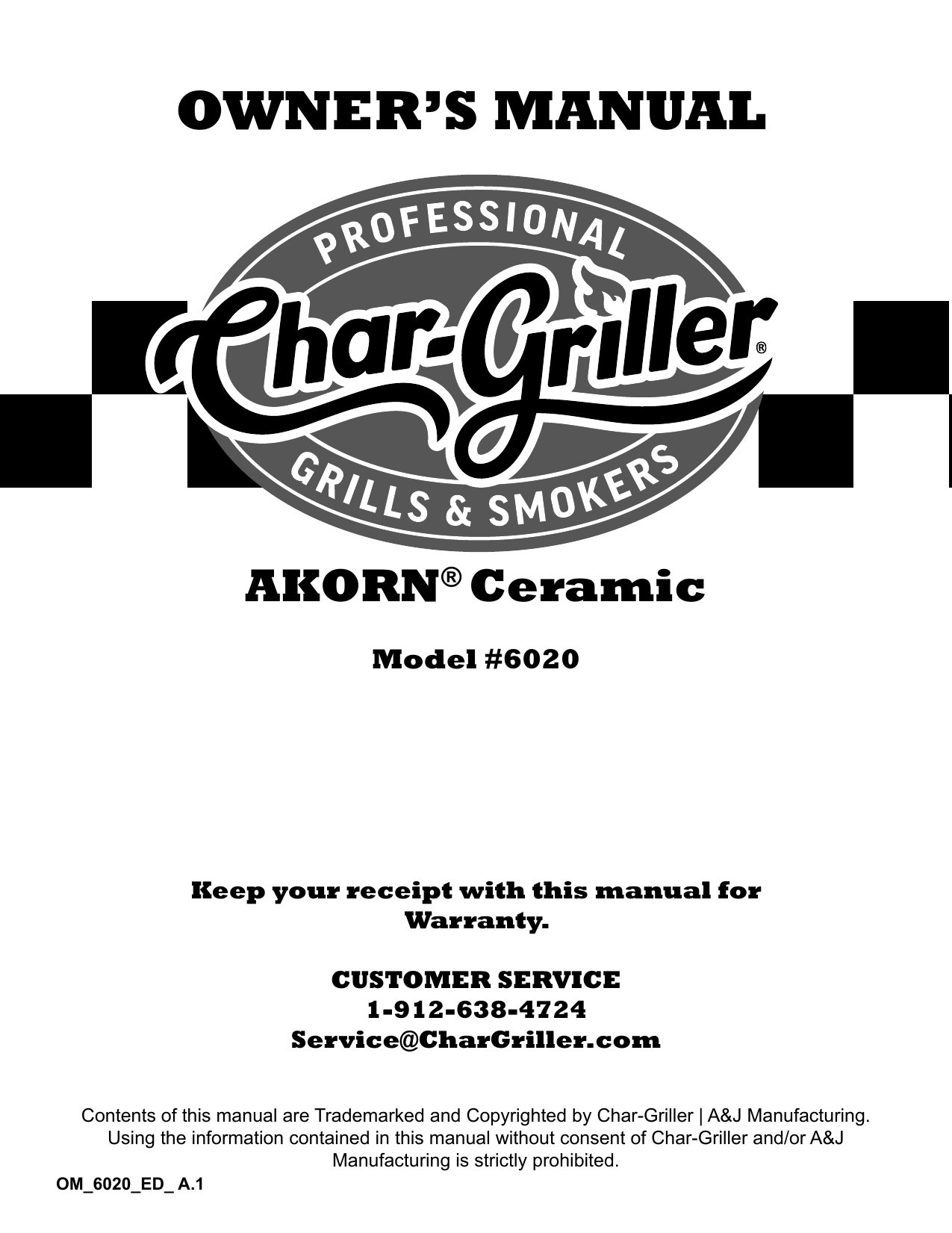 Char Griller 6020 Ceramic AKORN Kamado Charcoal Grill Owner Manual