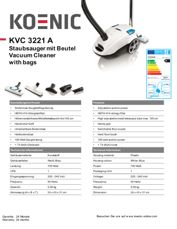 Koenic KVC 3221 A Boquilla para aspiradora para alfombras y suelos lisos articulación giratoria y basculante