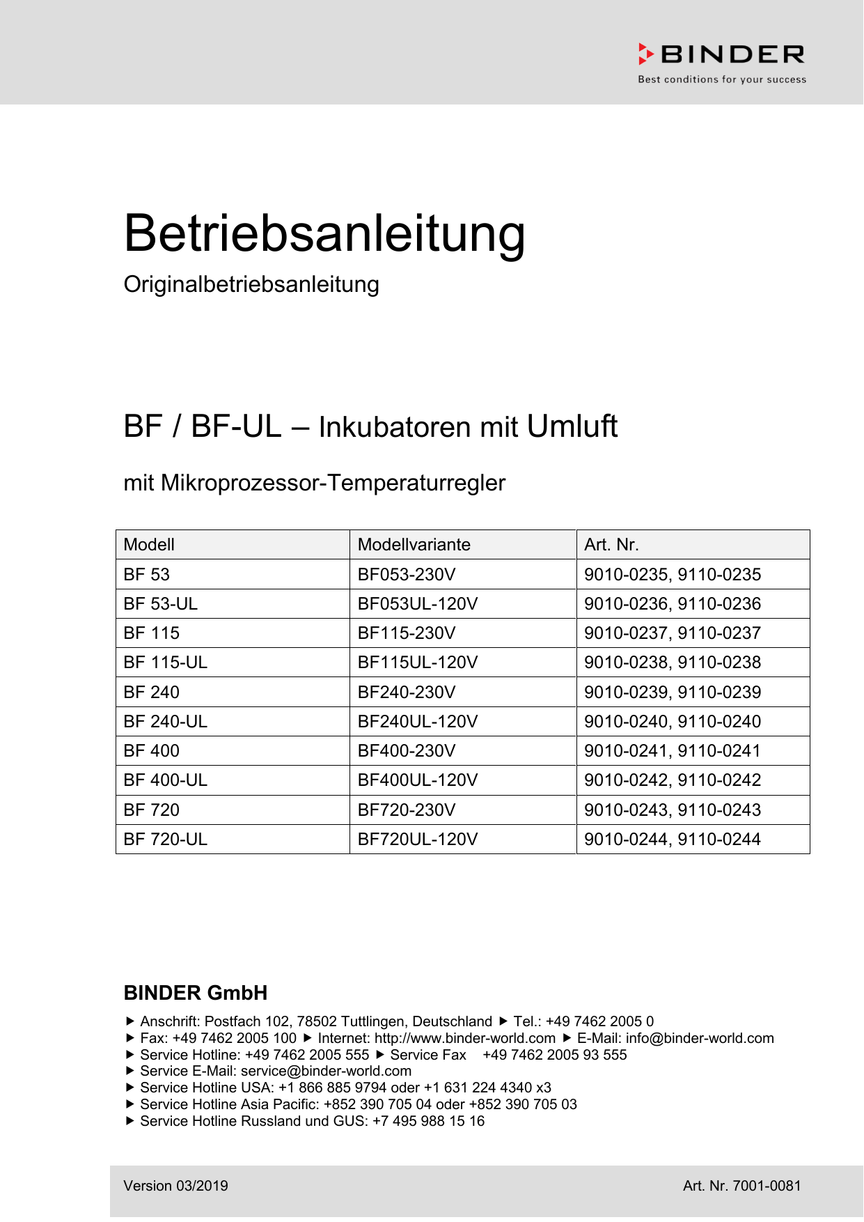 Binder BF 400 StandardInkubatoren Bedienungsanleitung Manualzz