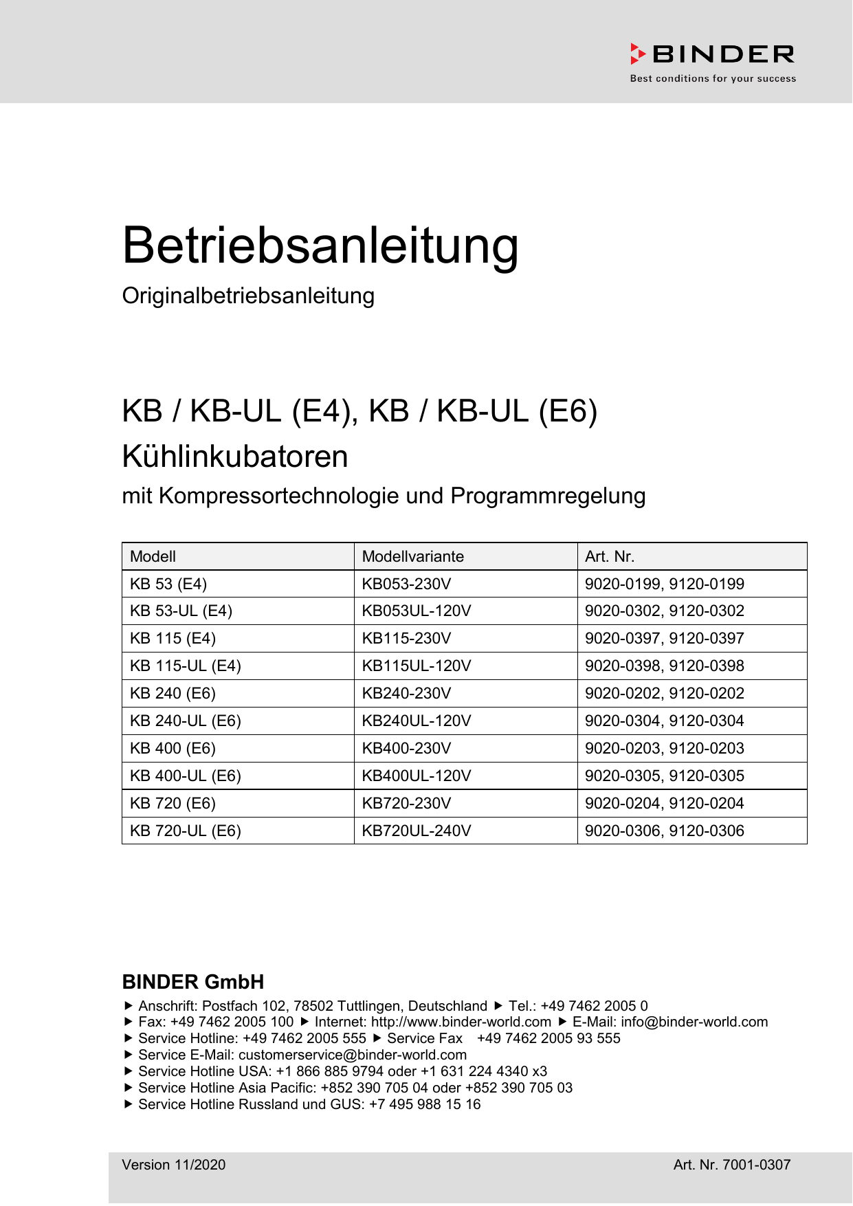 Binder KB 53, KB 720, KB 400, KB 240, KB 115 Operating instructions