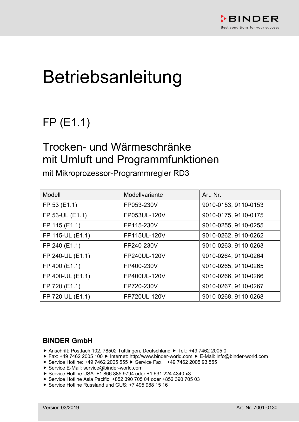 Binder FP 240 Trocken und Wärmeschränke Bedienungsanleitung Manualzz