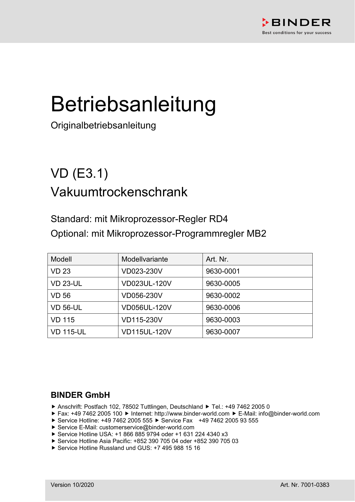Binder VD 23 Vakuumtrockenschränke Bedienungsanleitung Manualzz