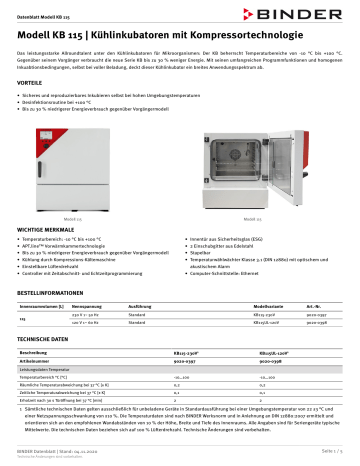 Binder KB 115 Kühlinkubatoren Datenblatt | Manualzz