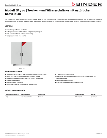 Binder ED 720 Trocken- und Wärmeschränke Datenblatt | Manualzz