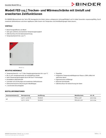 Binder FED 115 Trocken- und Wärmeschränke Datenblatt | Manualzz