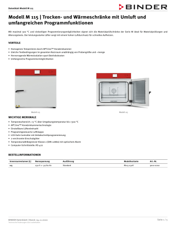 Binder M 115 Trocken- und Wärmeschränke Datenblatt | Manualzz