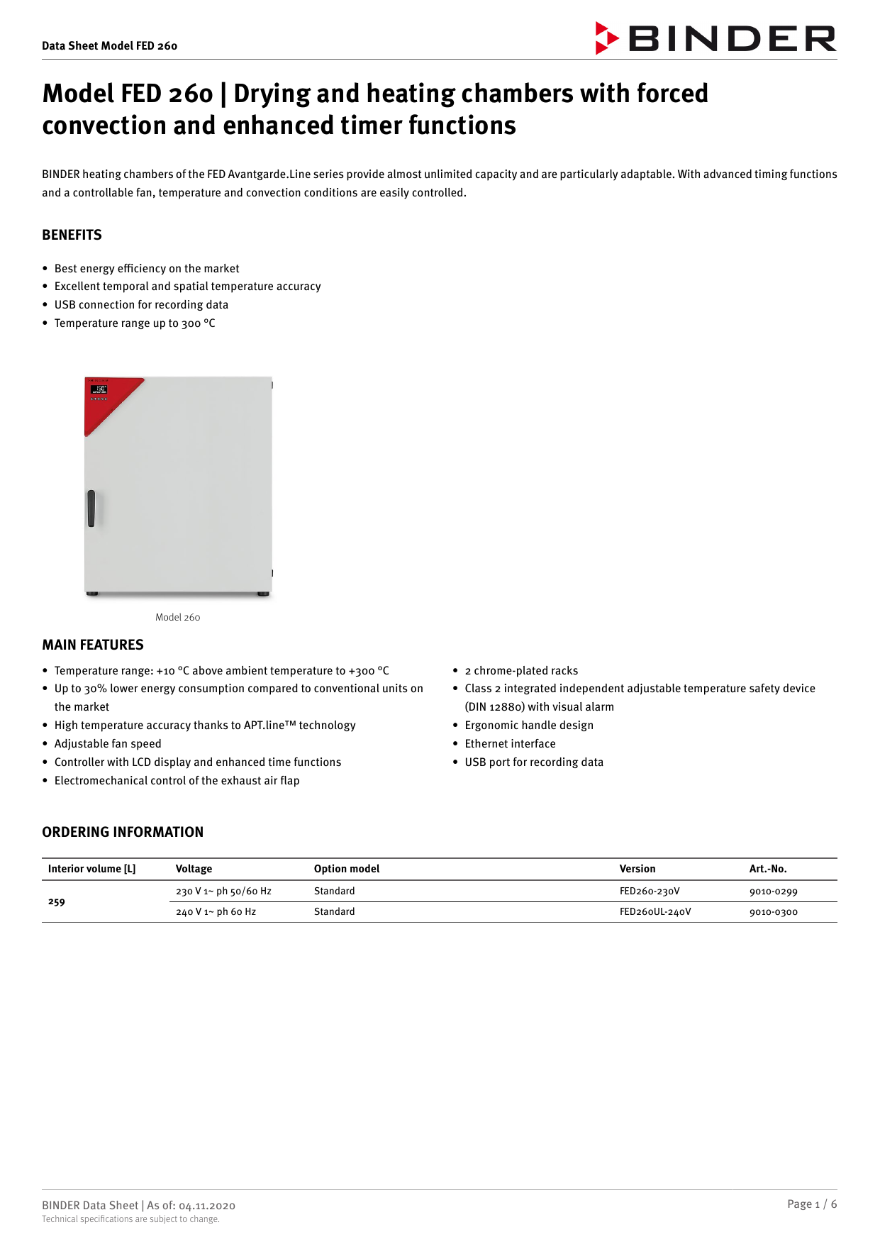 Binder 9010-0299 FED 260 Drying & Heating Chamber 230V/50-60 Hz Binder Inc 